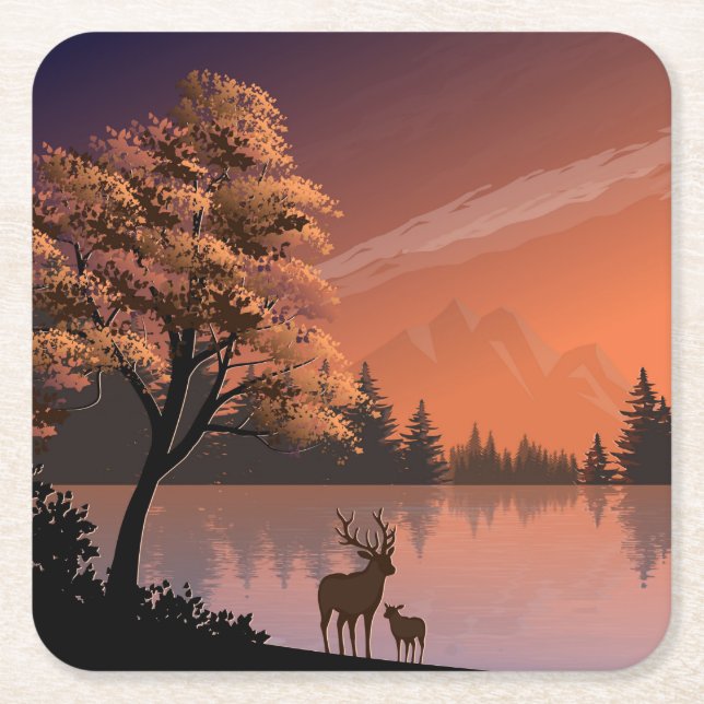 Sonnenaufgang Landschaft mit See und Deers-51207 Rechteckiger Pappuntersetzer (Vorderseite)