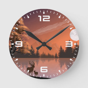 Sonnenaufgang Landschaft mit See und Deers-51207 Runde Wanduhr