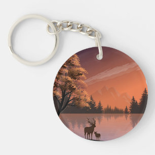 Sonnenaufgang Landschaft mit See und Deers-51207 Schlüsselanhänger