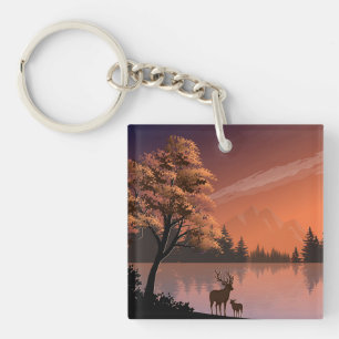 Sonnenaufgang Landschaft mit See und Deers-51207 Schlüsselanhänger
