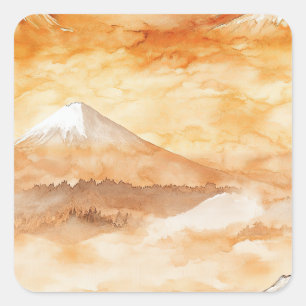 Sonnenaufgang Mount Fuji Aquarell Orange Landschaf Quadratischer Aufkleber