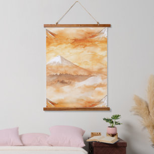 Sonnenaufgang Mount Fuji Aquarell Orange Landschaf Wandteppich Mit Holzrahmen