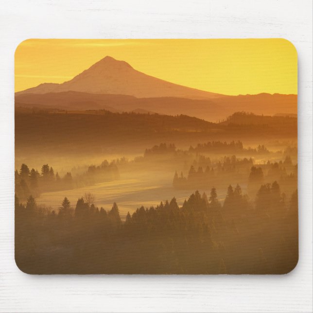 Sonnenaufgang orange Farben der Nebel im Tal im Mousepad (Vorne)