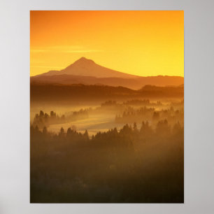 Sonnenaufgang orange Farben der Nebel im Tal im Poster