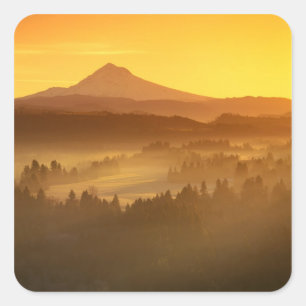 Sonnenaufgang orange färbt den Nebel im Tal in Quadratischer Aufkleber