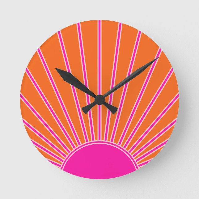 Sonnenaufgang Orange und Hot Pink Preppy Sunshine Runde Wanduhr (Vorderseite)