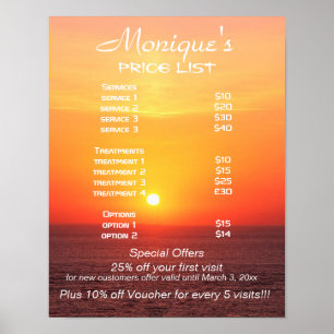 Sonnenaufgang-Spa- und Salon-Service-Preisliste Poster