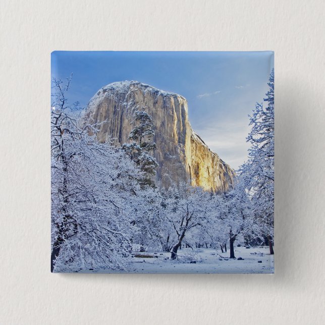 Sonnenaufgang trifft El Capitan durch Schnee Button (Vorderseite)