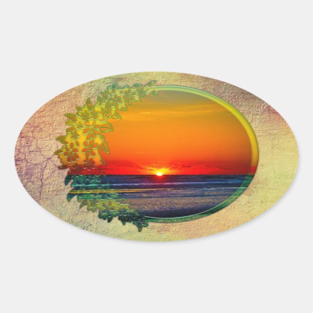 Sonnenaufgang über atlantischem Oval mit Blume Ovaler Aufkleber (Vorderseite)