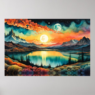 Sonnenaufgang über dem Bergsee als Sets des Mondes Poster