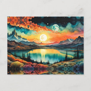 Sonnenaufgang über dem Bergsee als Sets des Mondes Postkarte