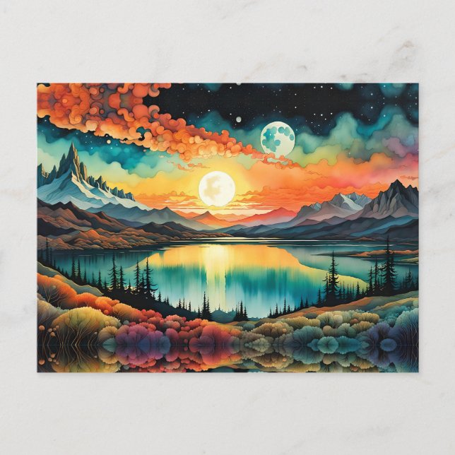 Sonnenaufgang über dem Bergsee als Sets des Mondes Postkarte (Vorderseite)