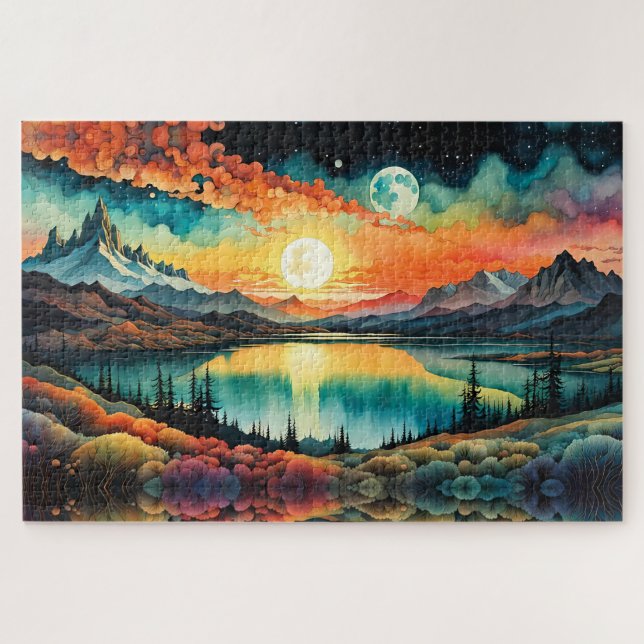 Sonnenaufgang über dem Bergsee als Sets des Mondes Puzzle (Horizontal)