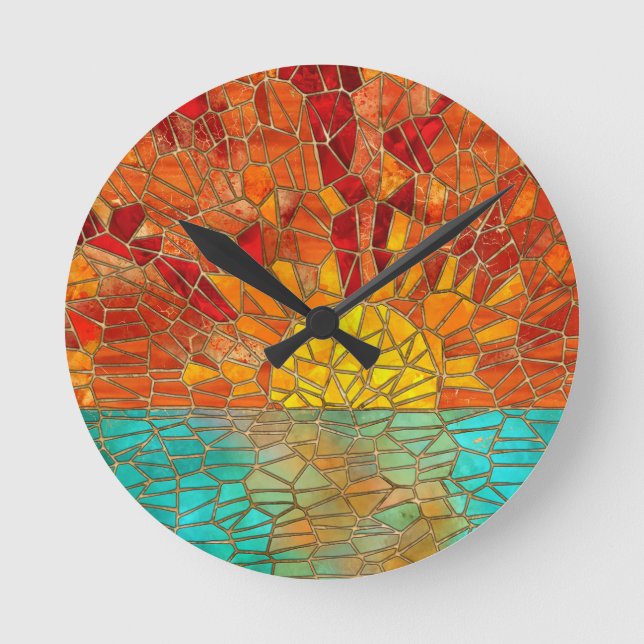 Sonnenaufgang über Meeresmosaikkunst Runde Wanduhr (Vorderseite)