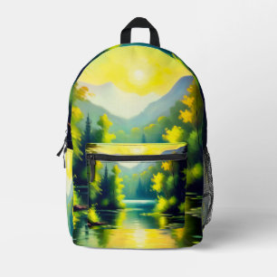 Sonnenaufgang über schneebedeckte Berge und See Bedruckter Rucksack