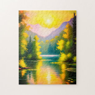 Sonnenaufgang über schneebedeckte Berge und See Puzzle