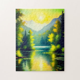 Sonnenaufgang über schneebedeckte Berge und See Puzzle