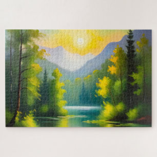 Sonnenaufgang über schneebedeckten Bergen und See Puzzle