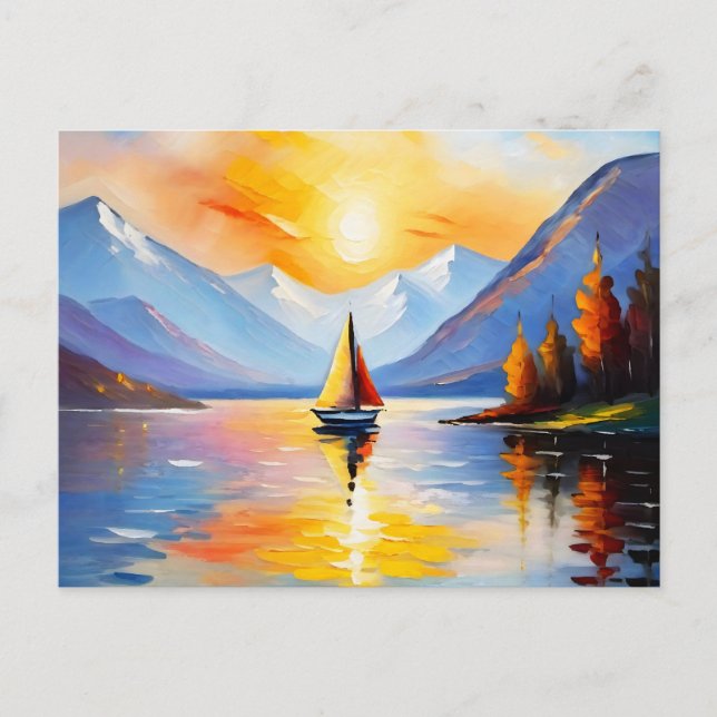 Sonnenaufgang über See und schneebedeckte Berge Postkarte (Vorderseite)