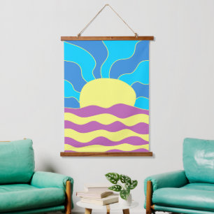 Sonnenaufgang und Wave Abstrakte Kunst Wandteppich Mit Holzrahmen
