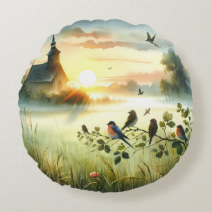 Sonnenaufgangskirche mit Vögeln in nebliger Wiese  Rundes Kissen