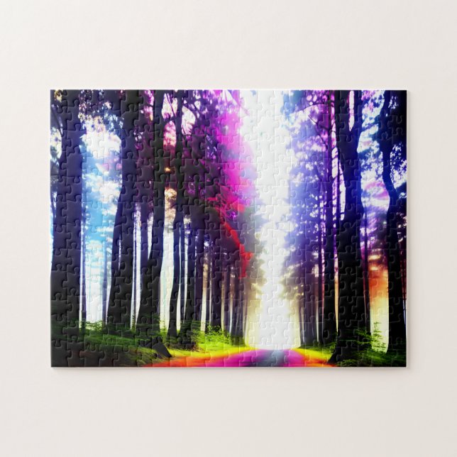 Sonnenbeleuchteter Regenbogenwald mit Silhouetten Puzzle (Horizontal)
