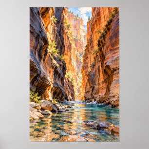 Sonnenbeschienene Canyon-Fluss- und Rotfels-Klippe Poster