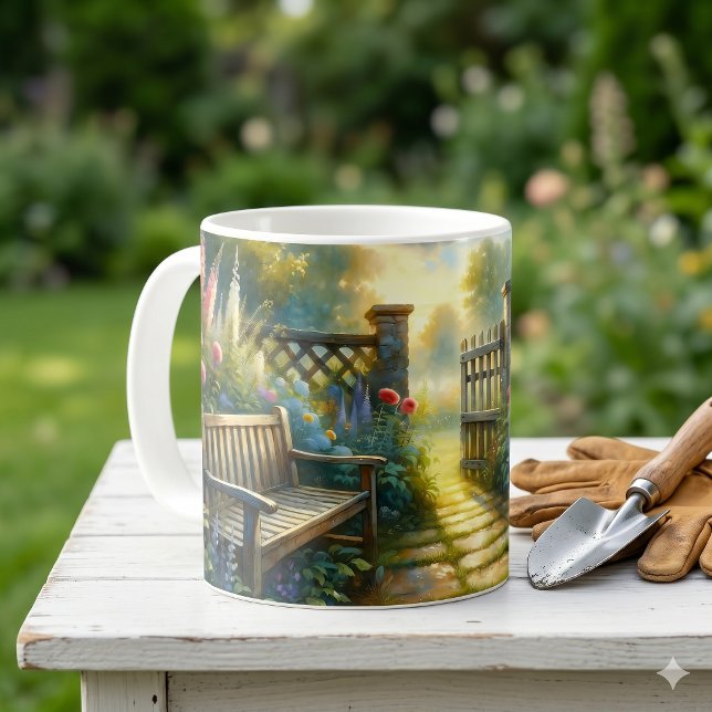 Sonnenbeschienene Gartentor-Szene Kaffeetasse (Sunlit Garden Pathway Gate Scene Coffee Mug)