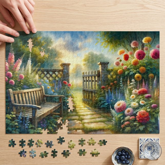 Sonnenbeschienene Gartentor Szene Puzzle (Sunlit Garden Pathway Gate Scene Jigsaw Puzzle)