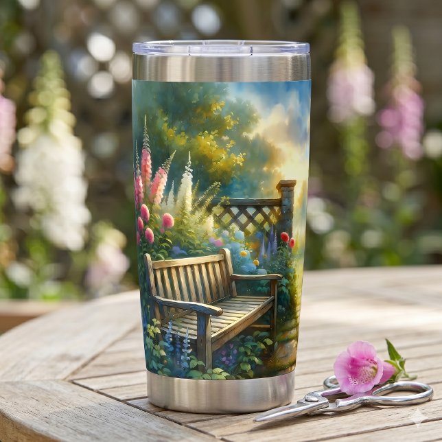 Sonnenbeschienene Gartentor Szene Thermobecher (Sunlit Garden Pathway Gate Scene Insulated Tumbler)