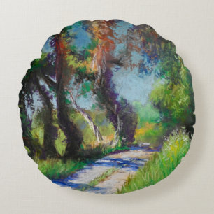 Sonnenbeschienene Olivenhaine-Pastell-Landschaft Rundes Kissen