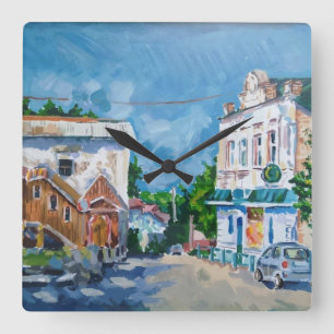 Sonnenbeschienene Stadtstraße Impressionistischer Quadratische Wanduhr