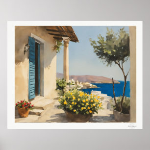 Sonnenbeschienene Terrasse am Meer Poster