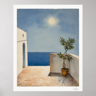 Sonnenbeschienene Terrasse mit Olivenbaum Poster