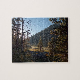 Sonnenbeschienene vereiste Kiefern am Dream Lake Puzzle