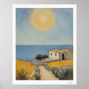 Sonnenbeschienener Küstenhaus-Landschaftsposter Poster