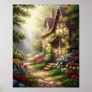 Sonnenbeschienenes Cottage & Blumen | Öl-Meisterwe Poster
