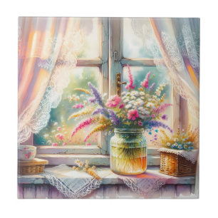 Sonnenbeschienenes Cottage-Fenster mit Wildblumen Fliese
