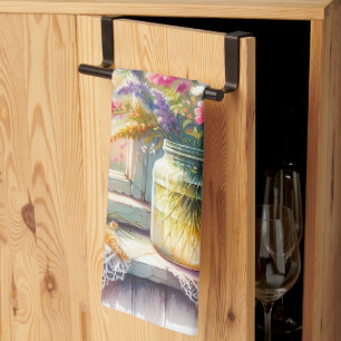 Sonnenbeschienenes Cottage-Fenster mit Wildblumen Geschirrtuch
