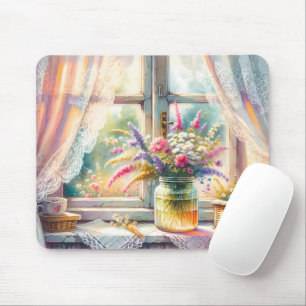 Sonnenbeschienenes Cottage-Fenster mit Wildblumen Mousepad