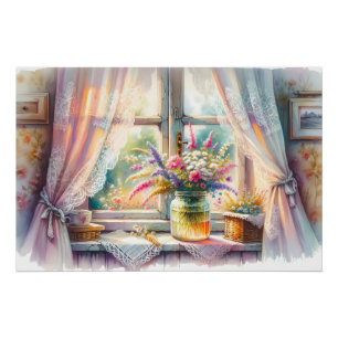 Sonnenbeschienenes Cottage-Fenster mit Wildblumen Poster