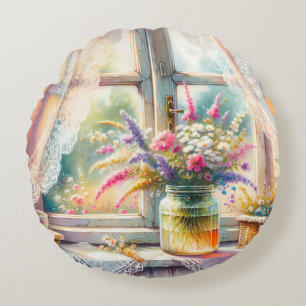 Sonnenbeschienenes Cottage-Fenster mit Wildblumen Rundes Kissen