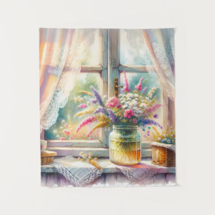 Sonnenbeschienenes Cottage-Fenster mit Wildblumen Wandteppich