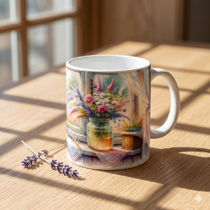 Sonnenbeschienenes Cottage-Fenster Wildblumen Kaffeetasse
