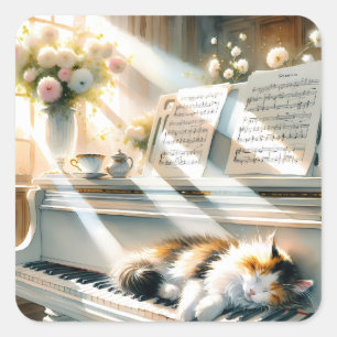 Sonnenbeschienenes Klavier Katzen Cottagecore Trau Quadratischer Aufkleber