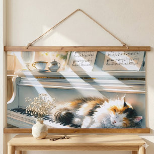 Sonnenbeschienenes Klavier Katzen Cottagecore Trau Wandteppich Mit Holzrahmen