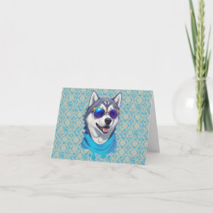 Sonnenblasen tragender Husky-Hund in spielerischer Dankeskarte