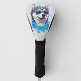 Sonnenblasen tragender Husky-Hund in spielerischer Golf Headcover