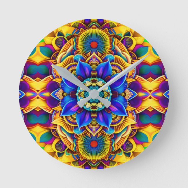 Sonnenblauer Akzent-Mandala Runde Wanduhr (Vorderseite)