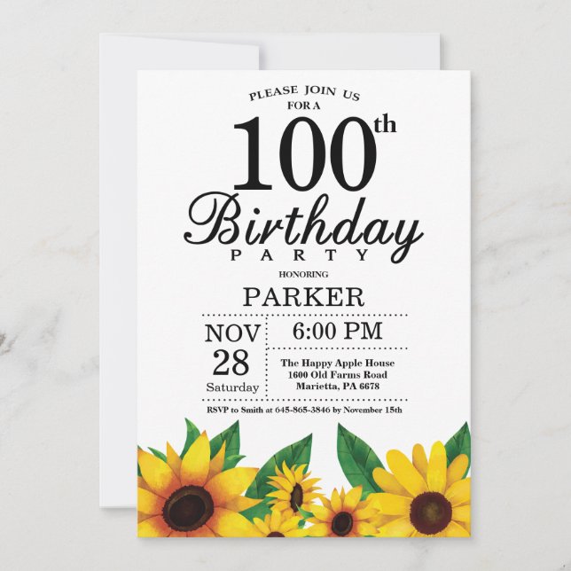 Sonnenblume 100. Geburtstag Einladung (Vorderseite)